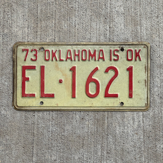 Photo of a 1973 Oklahoma License Plate Auto Tag Garage Decor Vintage EL 1621 with original patina