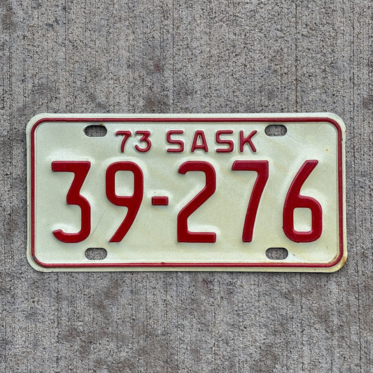 Photo of a 1973 Saskatchewan Motorcycle License Plate Auto Tag Garage Decor Vintage 39 276 with original patina