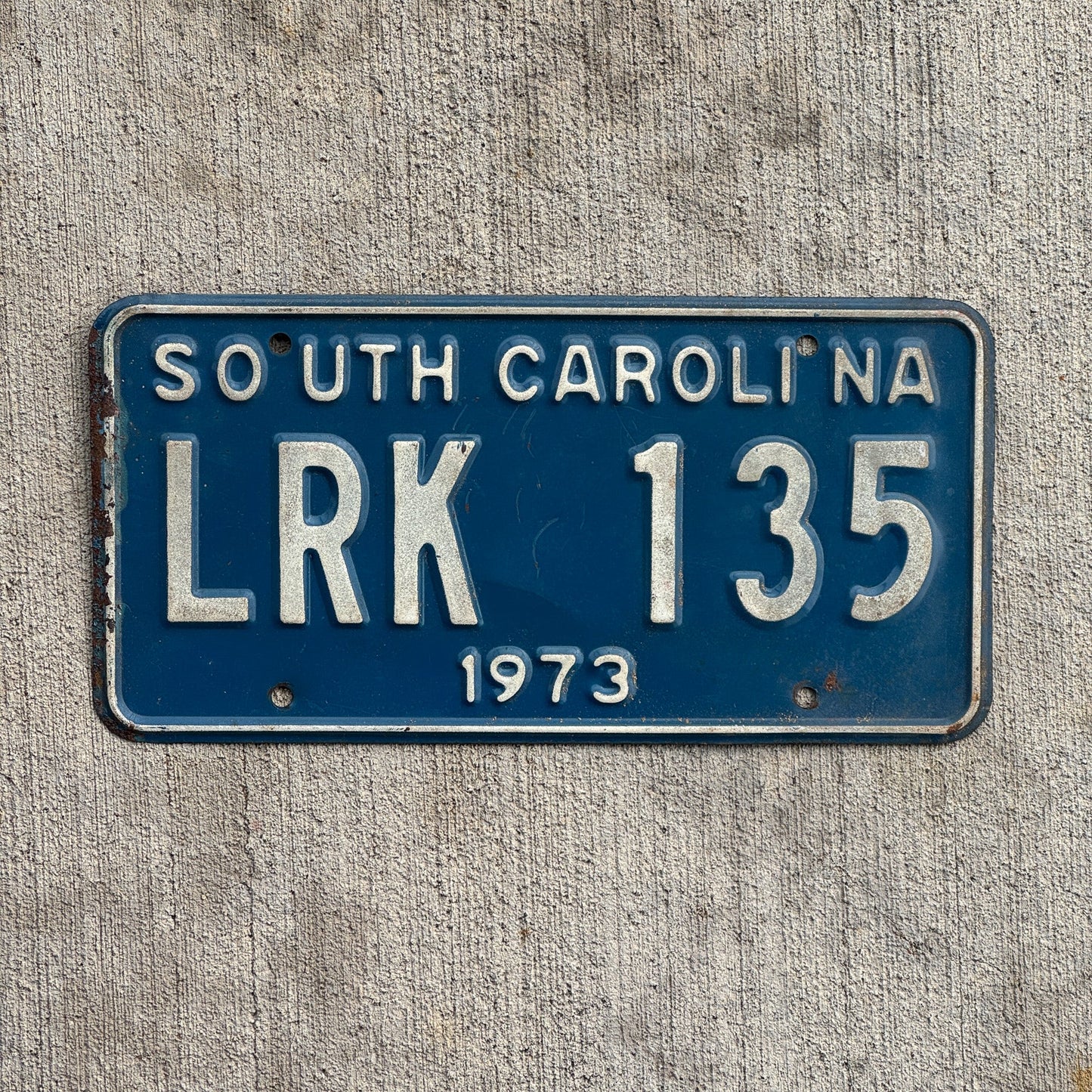 Photo of a 1973 South Carolina License Plate Auto Tag 2 Garage Decor LRK 135 with original patina