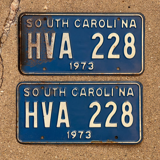 Photo of a 1973 South Carolina License Plate Pair Auto Tag Garage Decor Vintage HVA 228