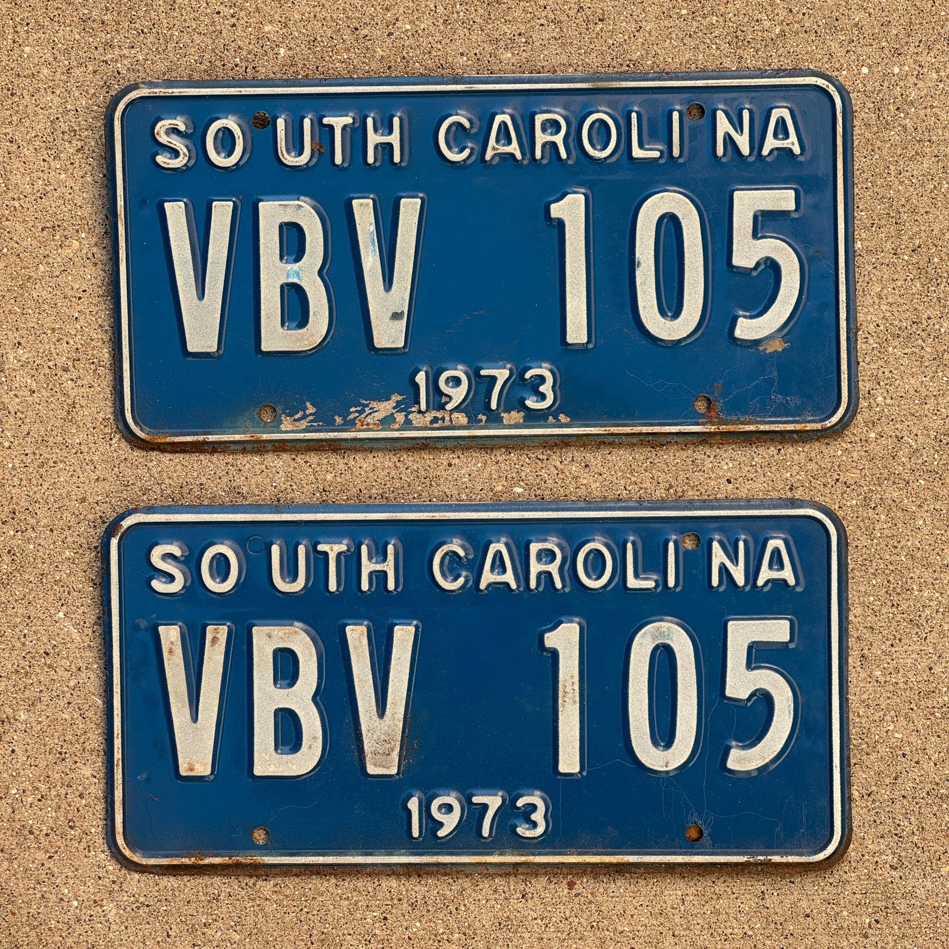 Photo of a 1973 South Carolina License Plate Pair Auto Tag Garage Decor Vintage VBV 105