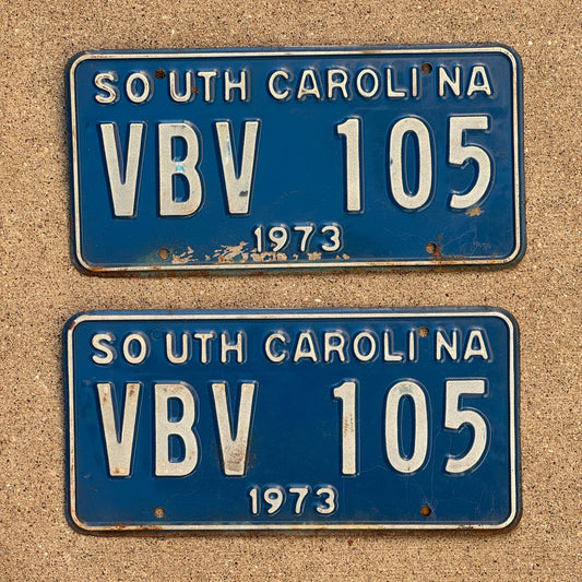 Photo of a 1973 South Carolina License Plate Pair Auto Tag Garage Decor Vintage VBV 105