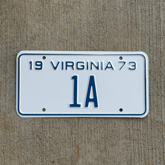 Photo of a 1973 Virginia License Plate Auto Tag Garage Decor Vintage Low Number Two Digit Reserved Governor Allocated Series 1A with original patina