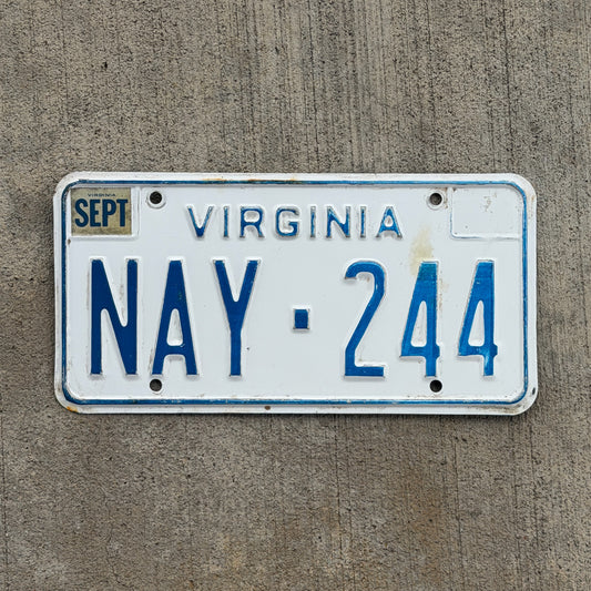 Photo of a 1973 Virginia License Plate Auto Tag Garage Decor Vintage NAY 244 with original patina