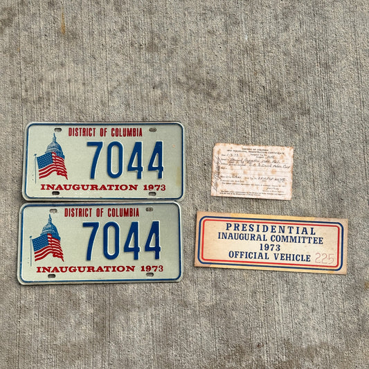Photo of a 1973 Washington DC Inaugural Committee License Plate Pair Auto Tag Garage Decor Vintage Nixon Inauguration With Ephemera 7044 with original patina
