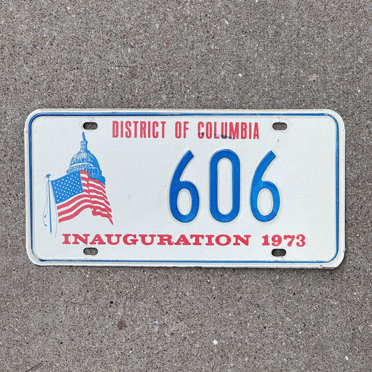 Photo of a 1973 Washington DC Inaugural License Plate Auto Tag Garage Decor Vintage Nixon Politics Political Low Number Three Digit 606 with original patina