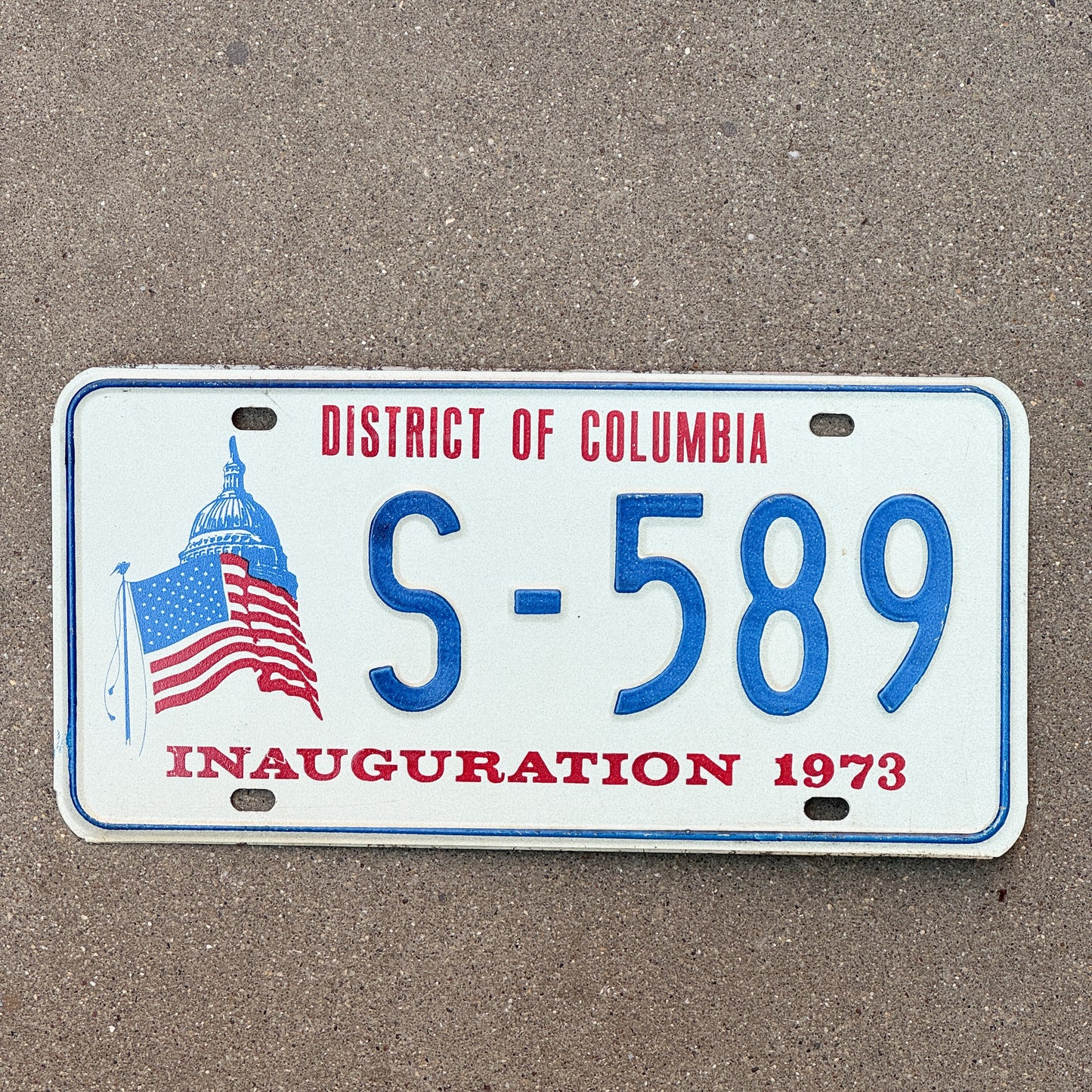 Photo of a 1973 Washington DC Inaugural License Plate Auto Tag Garage Decor Vintage Staff Member Prefix Nixon Politics Political S 589 with original patina