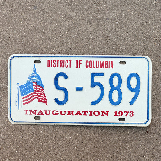 Photo of a 1973 Washington DC Inaugural License Plate Auto Tag Garage Decor Vintage Staff Member Prefix Nixon Politics Political S 589 with original patina