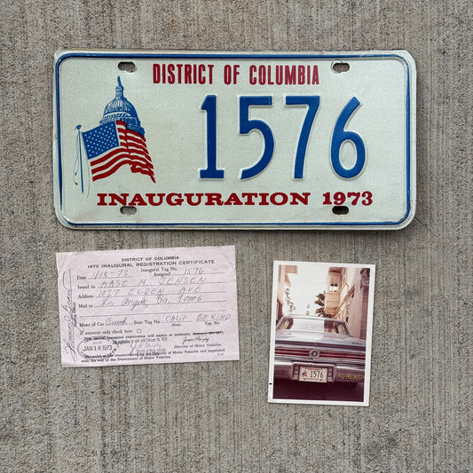 Photo of a 1973 Washington DC License Plate Auto Tag Garage Decor Vintage Nixon Inauguration With Registration and Photo on Car 1576