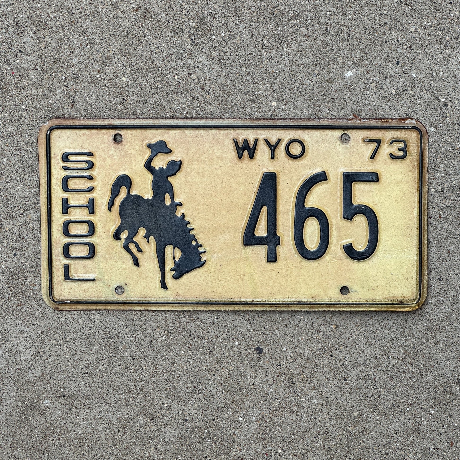 Photo of a 1973 Wyoming School License Plate Auto Tag Garage Decor Vintage 465
