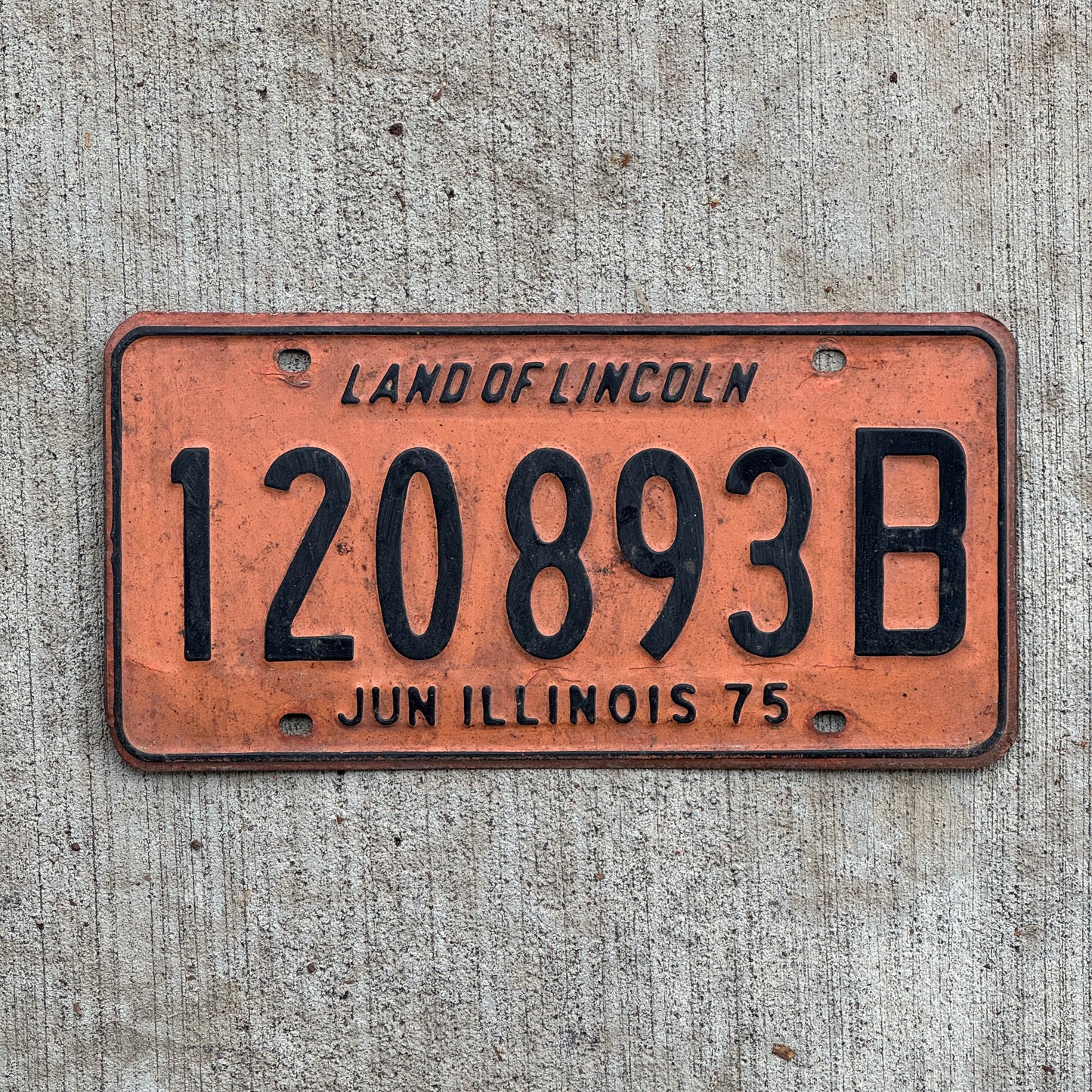 Photo of a 1974 1975 Illinois Truck License Plate Auto Tag Garage Decor Vintage 120 893 B with original patina