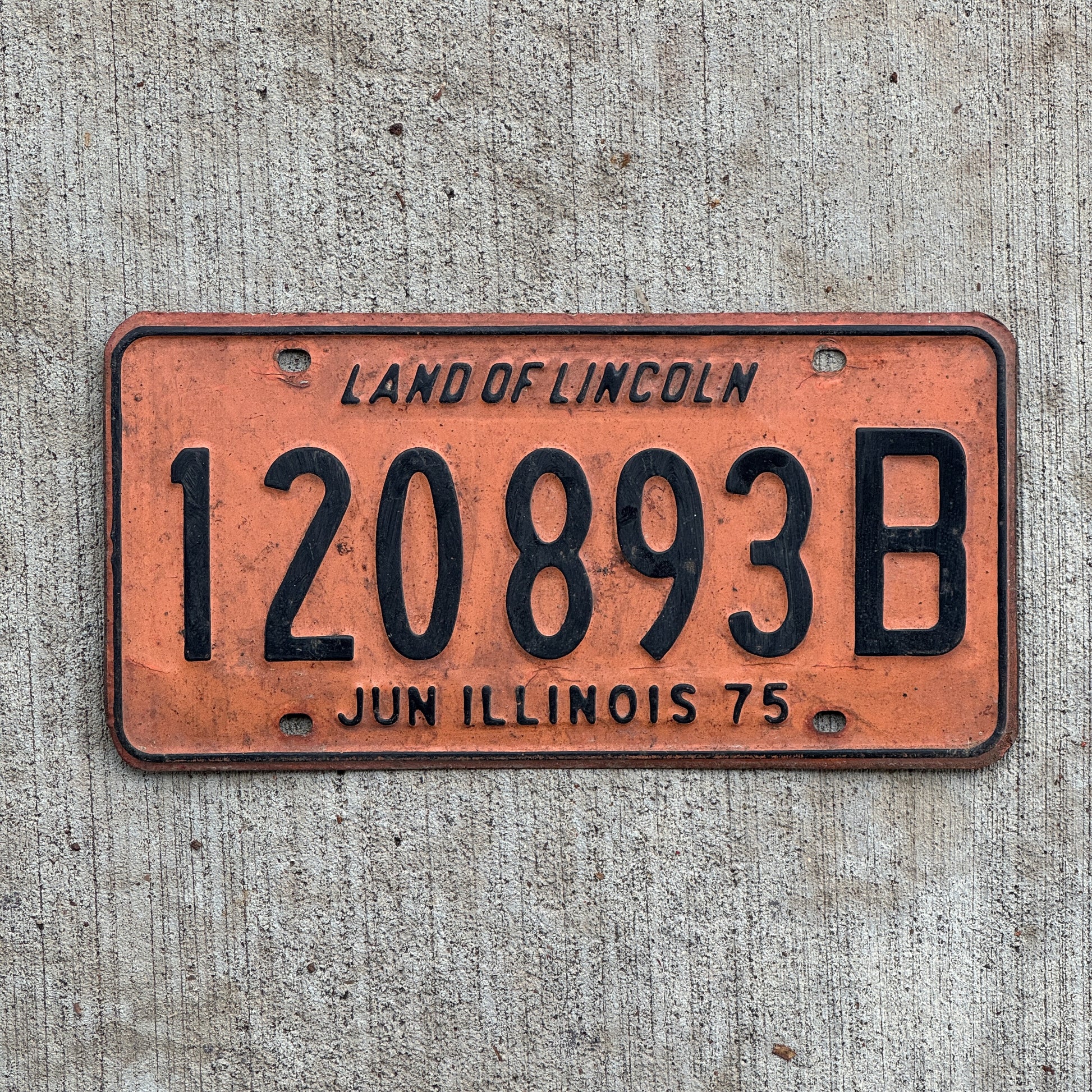 Photo of a 1974 1975 Illinois Truck License Plate Auto Tag Garage Decor Vintage 120 893 B with original patina
