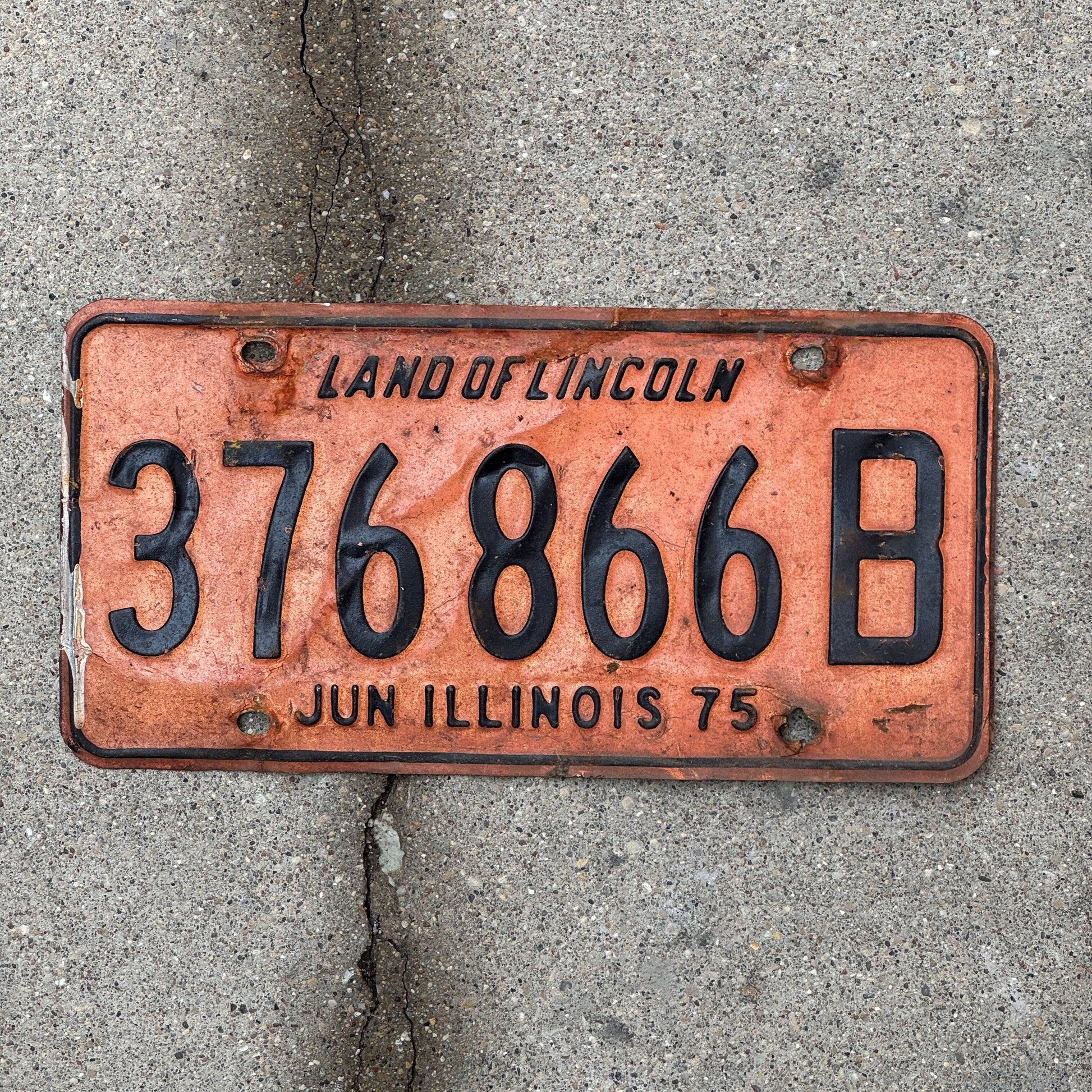 Photo of a 1974 1975 Illinois Truck License Plate Auto Tag Garage Decor Vintage 376 866 B with original patina