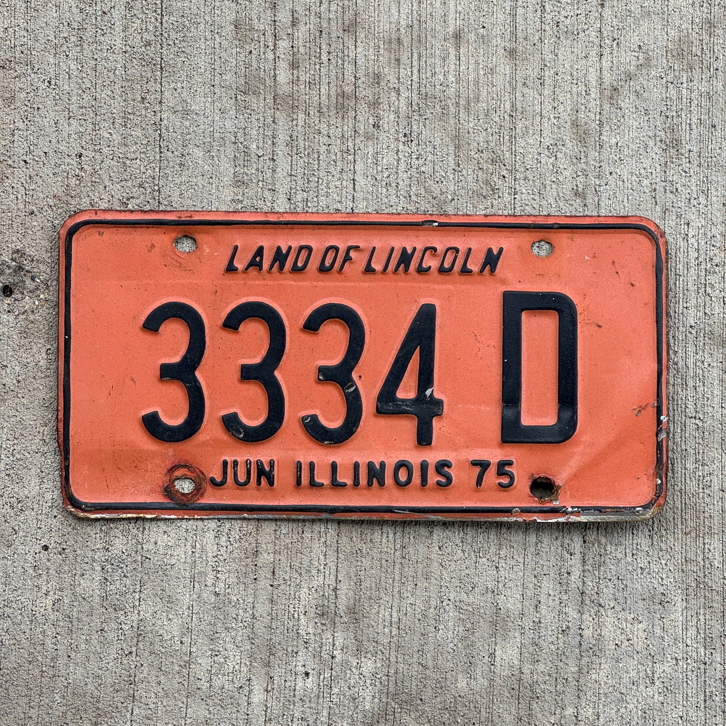 Photo of a 1974 1975 Illinois Truck License Plate Auto Tag Garage Decor Vintage Repeat Repeating 3334 D with original patina
