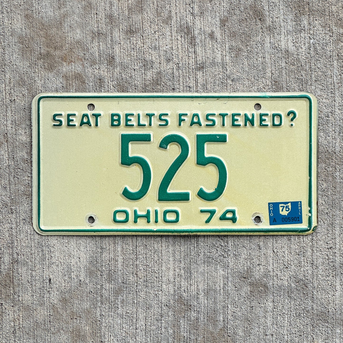 Photo of a 1974 1975 Ohio License Plate Auto Tag 1 Vintage Garage Low Number Three Digit 525 with original patina