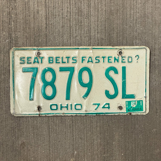 Photo of a 1974 1975 Ohio License Plate Auto Tag Garage Decor Vintage 7879 SL with original patina