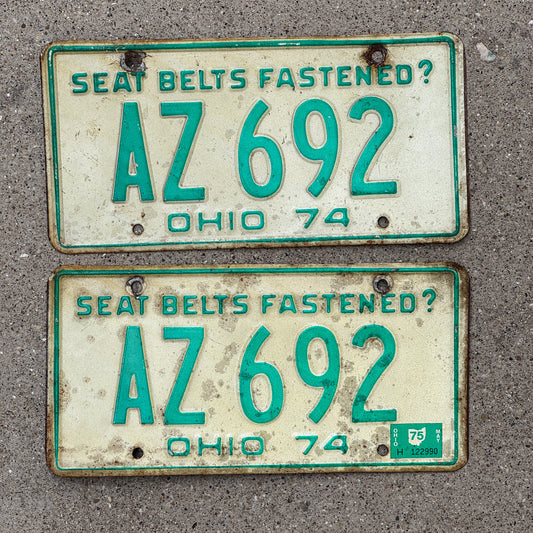 Photo of a 1974 1975 Ohio License Plate Pair Auto Tag Garage Decor Vintage AZ 692 with original patina