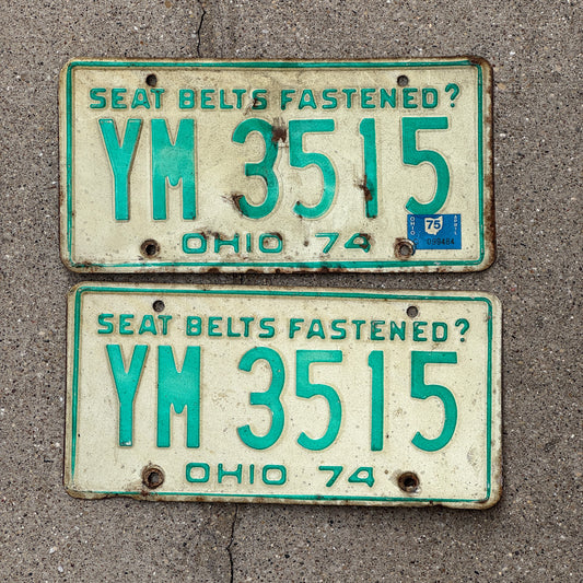 Photo of a 1974 1975 Ohio License Plate Pair Auto Tag Garage Decor Vintage YM 3515 with original patina