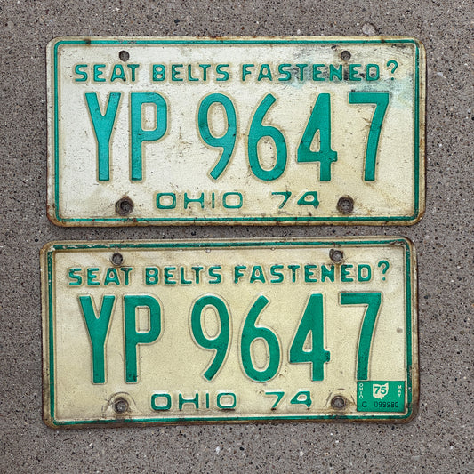 Photo of a 1974 1975 Ohio License Plate Pair Auto Tag Garage Decor Vintage YP 9647 with original patina