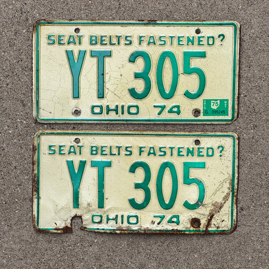 Photo of a 1974 1975 Ohio License Plate Pair Auto Tag Garage Decor Vintage YT 305 with original patina