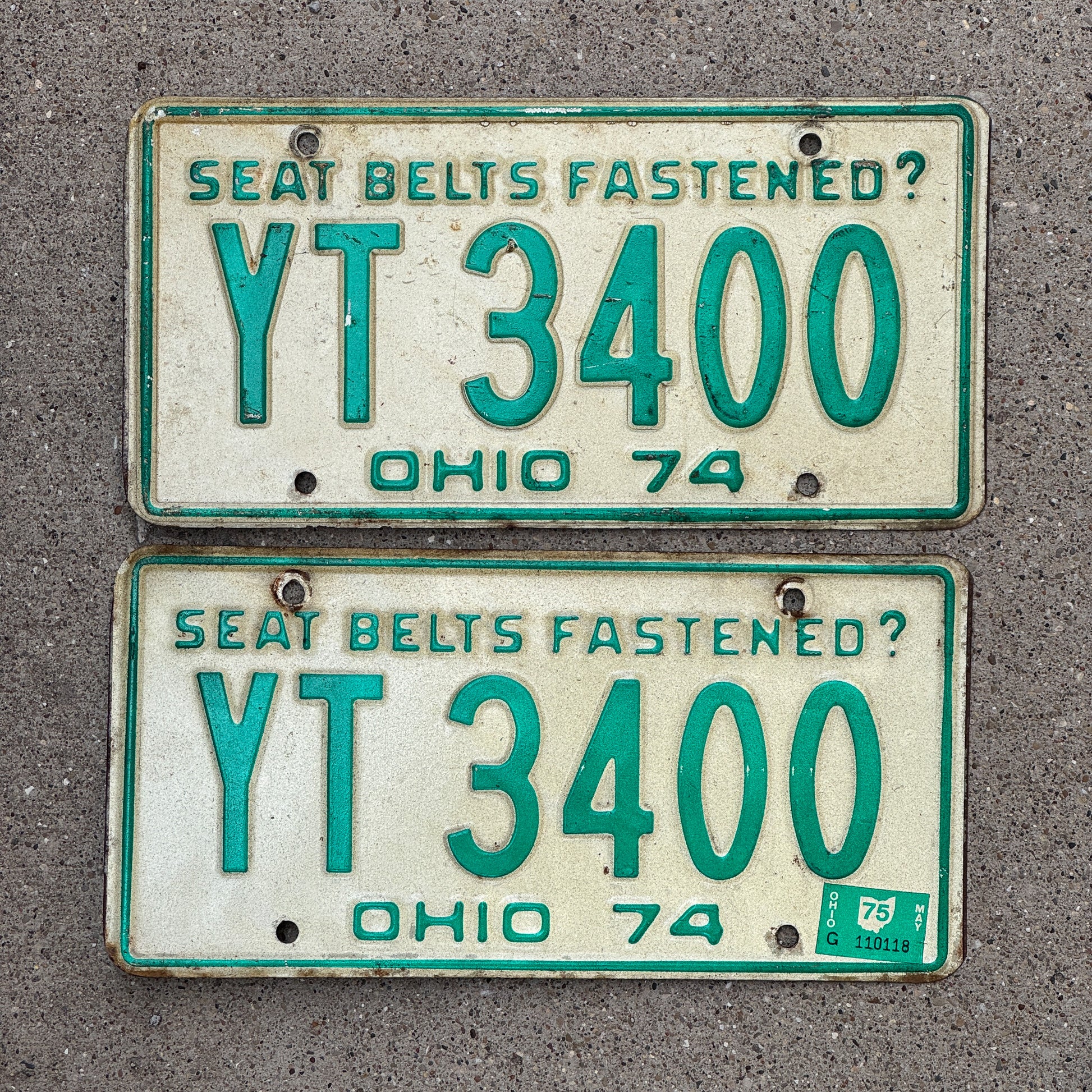 Photo of a 1974 1975 Ohio License Plate Pair Auto Tag Garage Decor Vintage YT 3400 with original patina