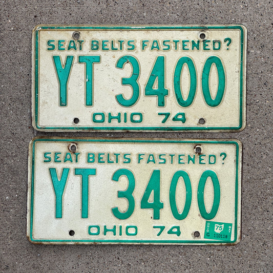 Photo of a 1974 1975 Ohio License Plate Pair Auto Tag Garage Decor Vintage YT 3400 with original patina