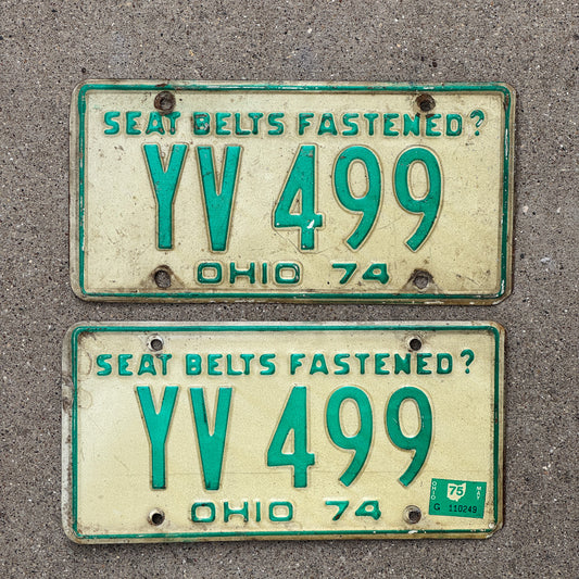 Photo of a 1974 1975 Ohio License Plate Pair Auto Tag Garage Decor Vintage YV 499 with original patina