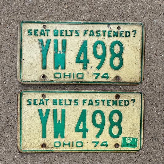Photo of a 1974 1975 Ohio License Plate Pair Auto Tag Garage Decor Vintage YW 498 with original patina