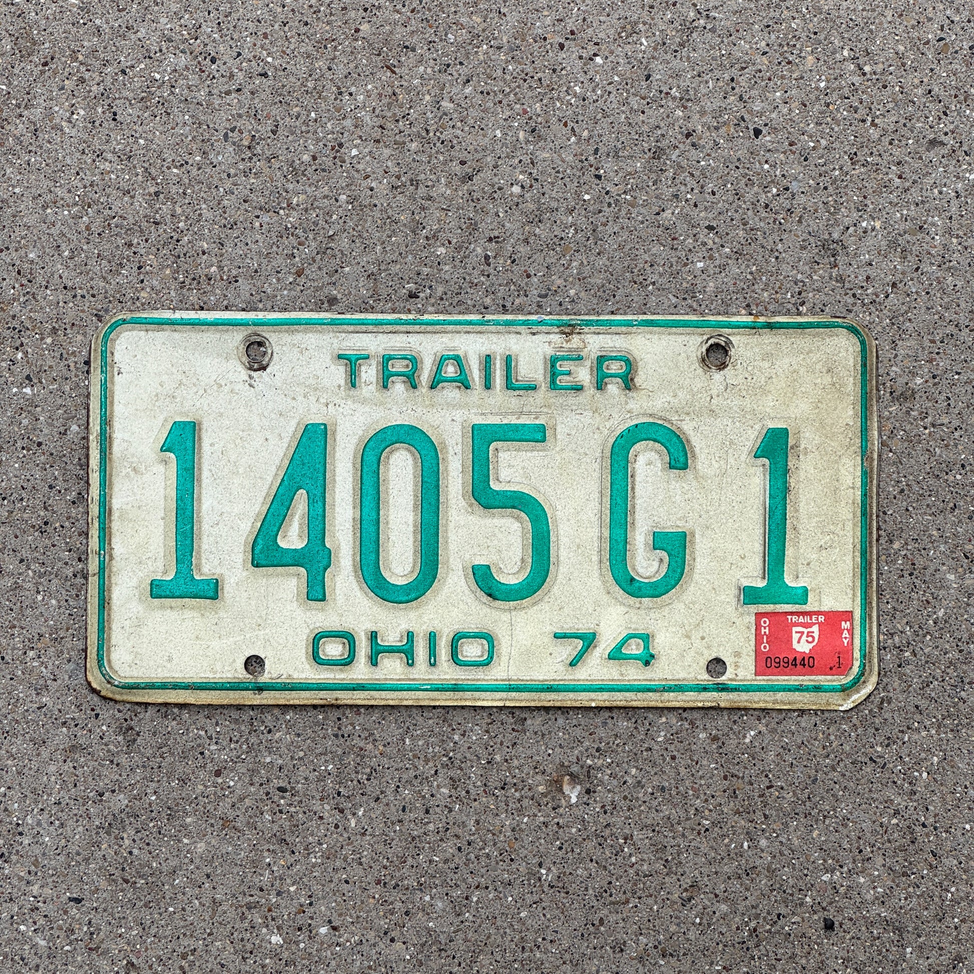 Photo of a 1974 1975 Ohio Trailer License Plate Auto Tag Garage Decor Vintage 1405 G 1 with original patina
