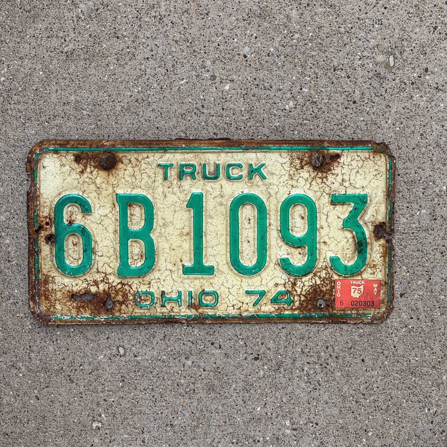 Photo of a 1974 1975 Ohio Truck License Plate Auto Tag Garage Decor Vintage 6 B 1093 with original patina