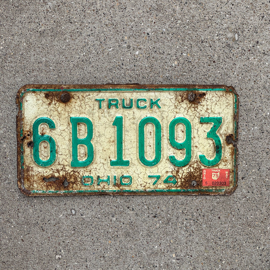 Photo of a 1974 1975 Ohio Truck License Plate Auto Tag Garage Decor Vintage 6 B 1093 with original patina