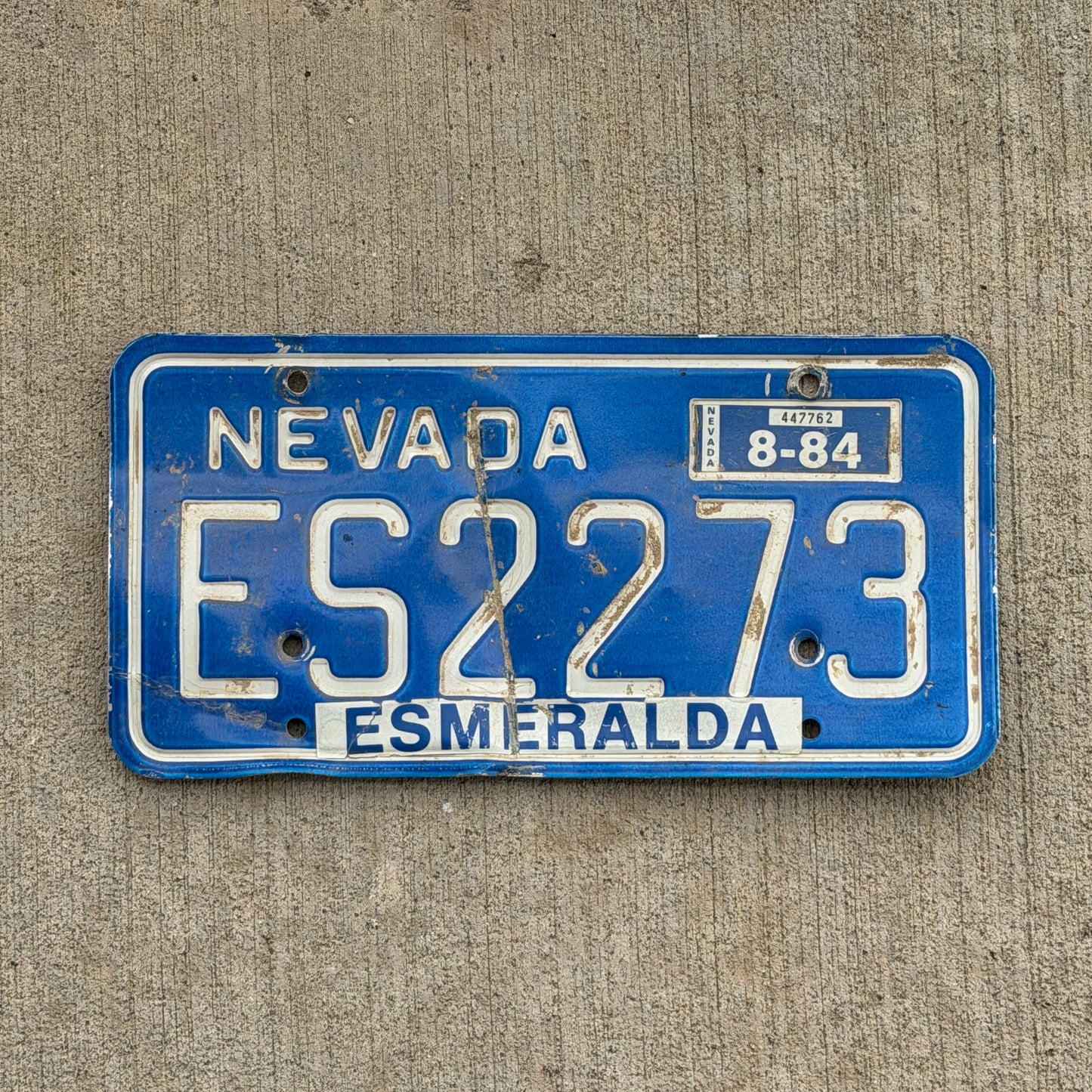 Photo of a 1974 1984 Nevada License Plate Auto Tag 1 Vintage Garage ES 2273 with original patina