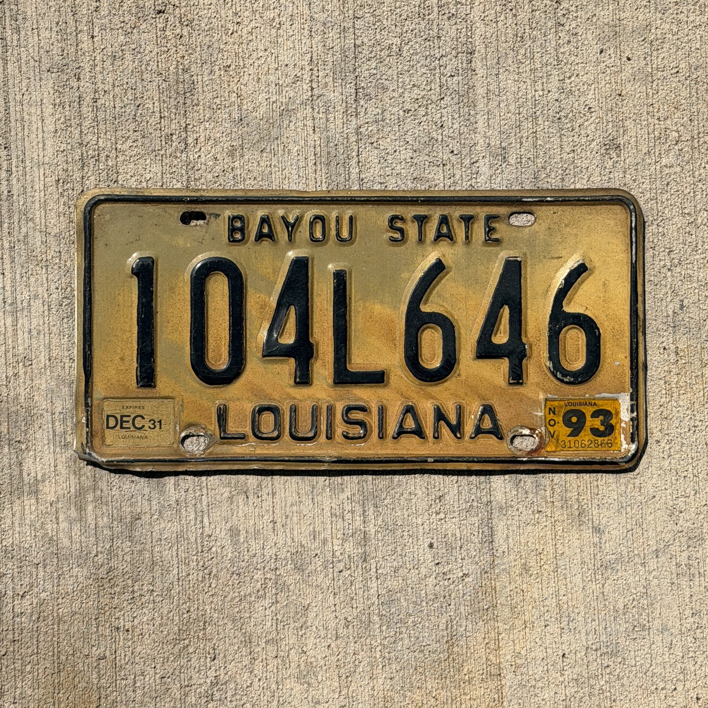 Photo of a 1974 1993 Louisiana License Plate Auto Tag Garage Decor Vintage 104 L 646 with original patina