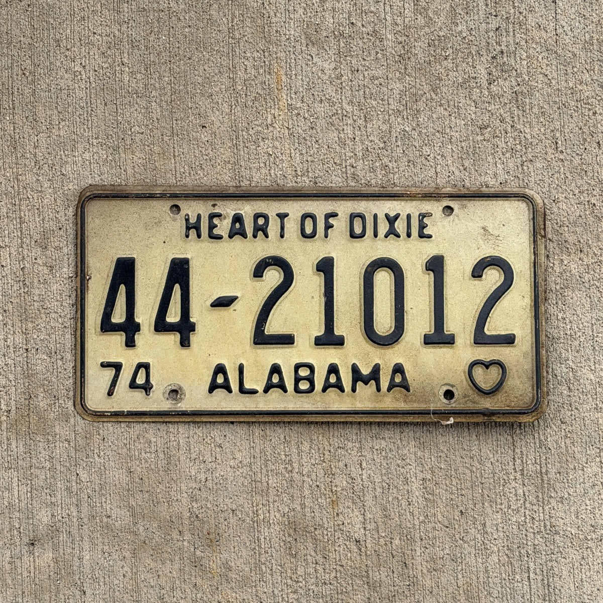Photo of a 1974 Alabama License Plate Auto Tag Garage Decor Vintage 44 21012 with original patina