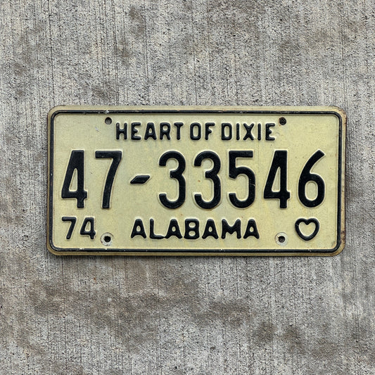 Photo of a 1974 Alabama License Plate Auto Tag Garage Decor Vintage Heart of Dixie 47 33546 with original patina
