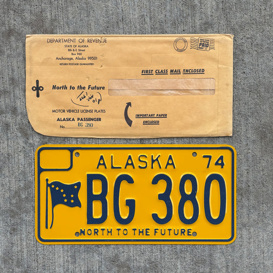 Photo of a 1974 Alaska License Plate Auto Tag Garage Decor Vintage With Envelope High Quality BG 380 with original patina