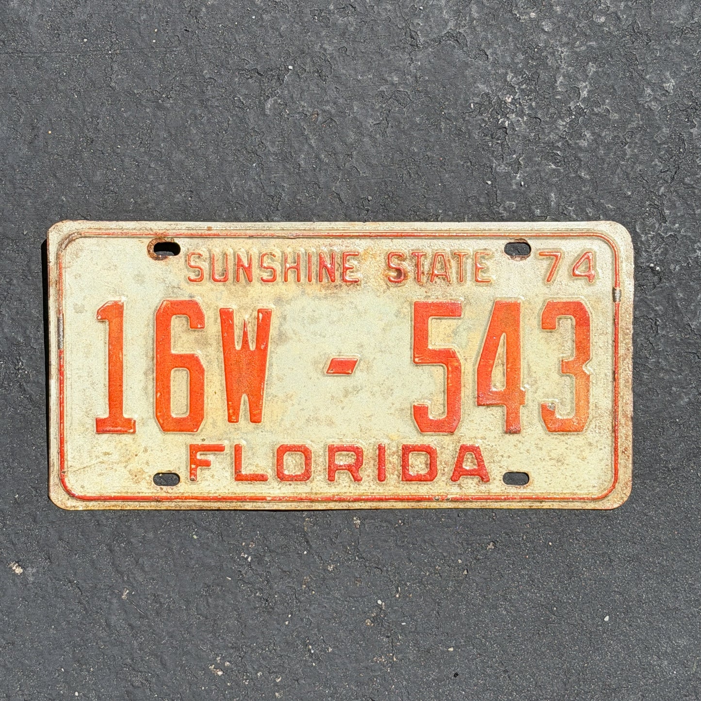 Photo of a 1974 Florida License Plate Auto Tag Garage Decor Vintage 16W 543 with original patina