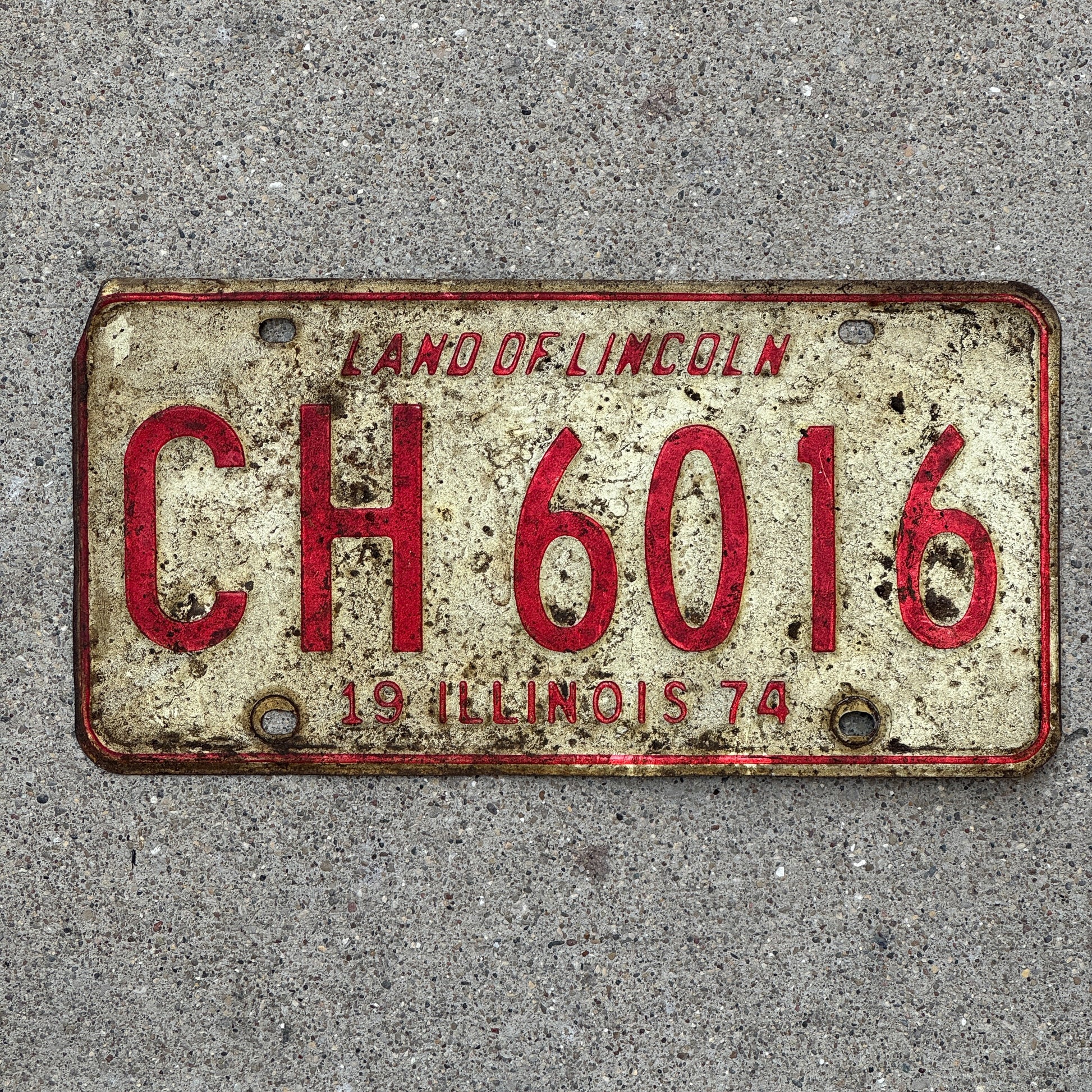 Photo of a 1974 Illinois License Plate Auto Tag 1 Vintage Garage CH 6016 with original patina