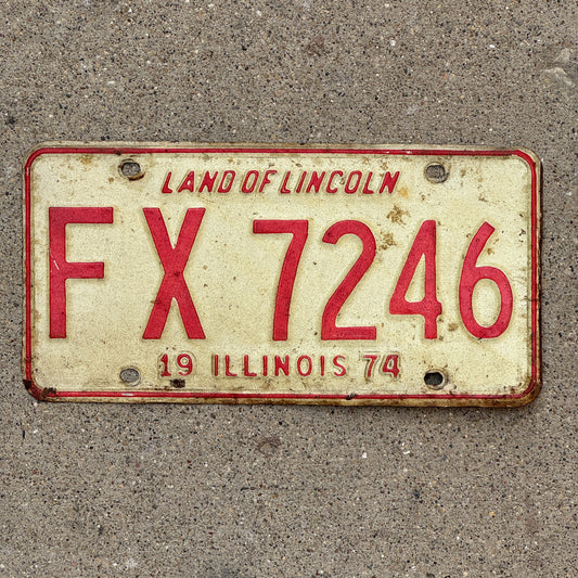 Photo of a 1974 Illinois License Plate Auto Tag 1 Vintage Garage FX 7246 with original patina