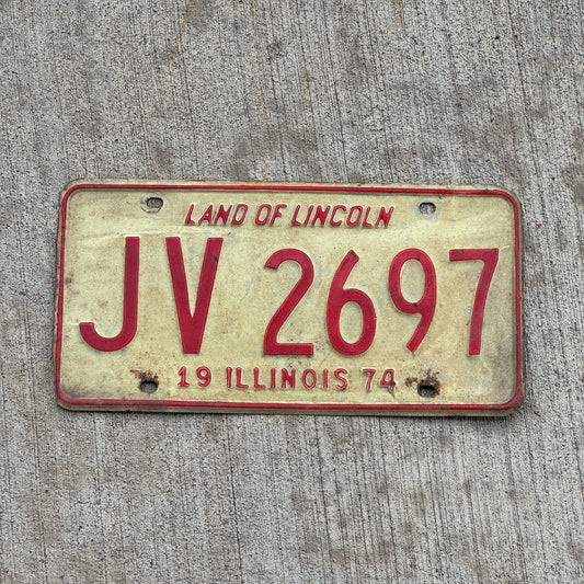 Photo of a 1974 Illinois License Plate Auto Tag 1 Vintage Garage JV 2697 with original patina