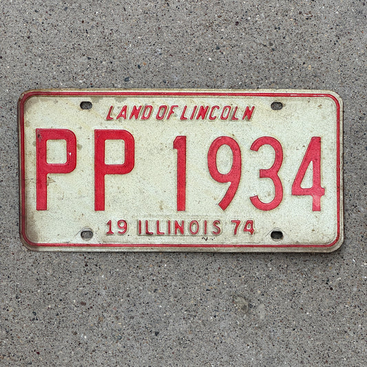 Photo of a 1974 Illinois License Plate Auto Tag 2 Vintage Garage Birth Year PP 1934 with original patina