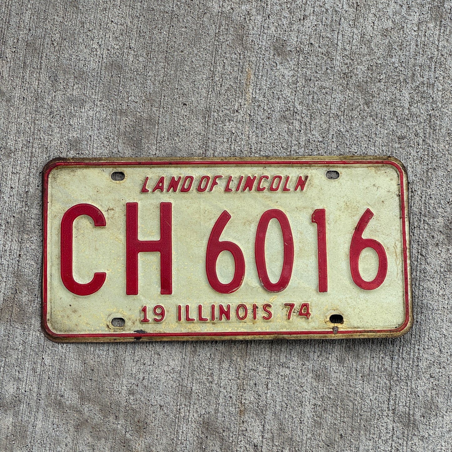 Photo of a 1974 Illinois License Plate Auto Tag 2 Vintage Garage CH 6016 with original patina