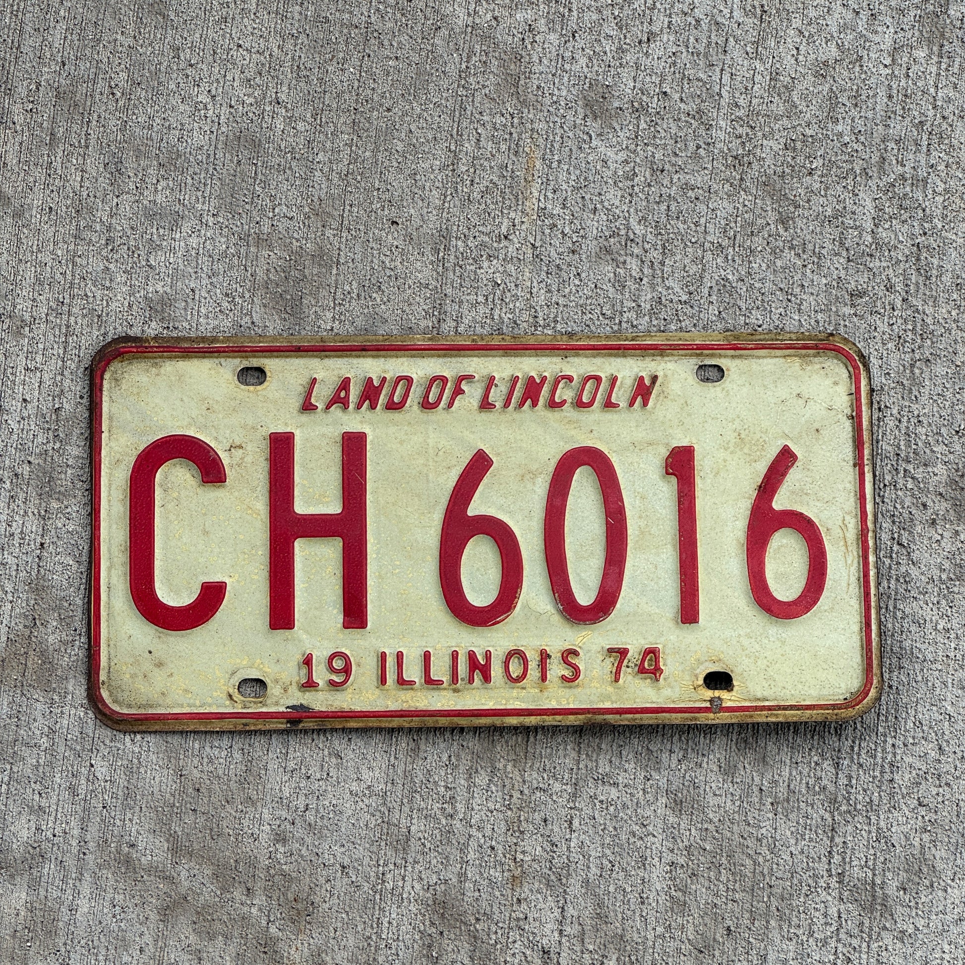 Photo of a 1974 Illinois License Plate Auto Tag 2 Vintage Garage CH 6016 with original patina