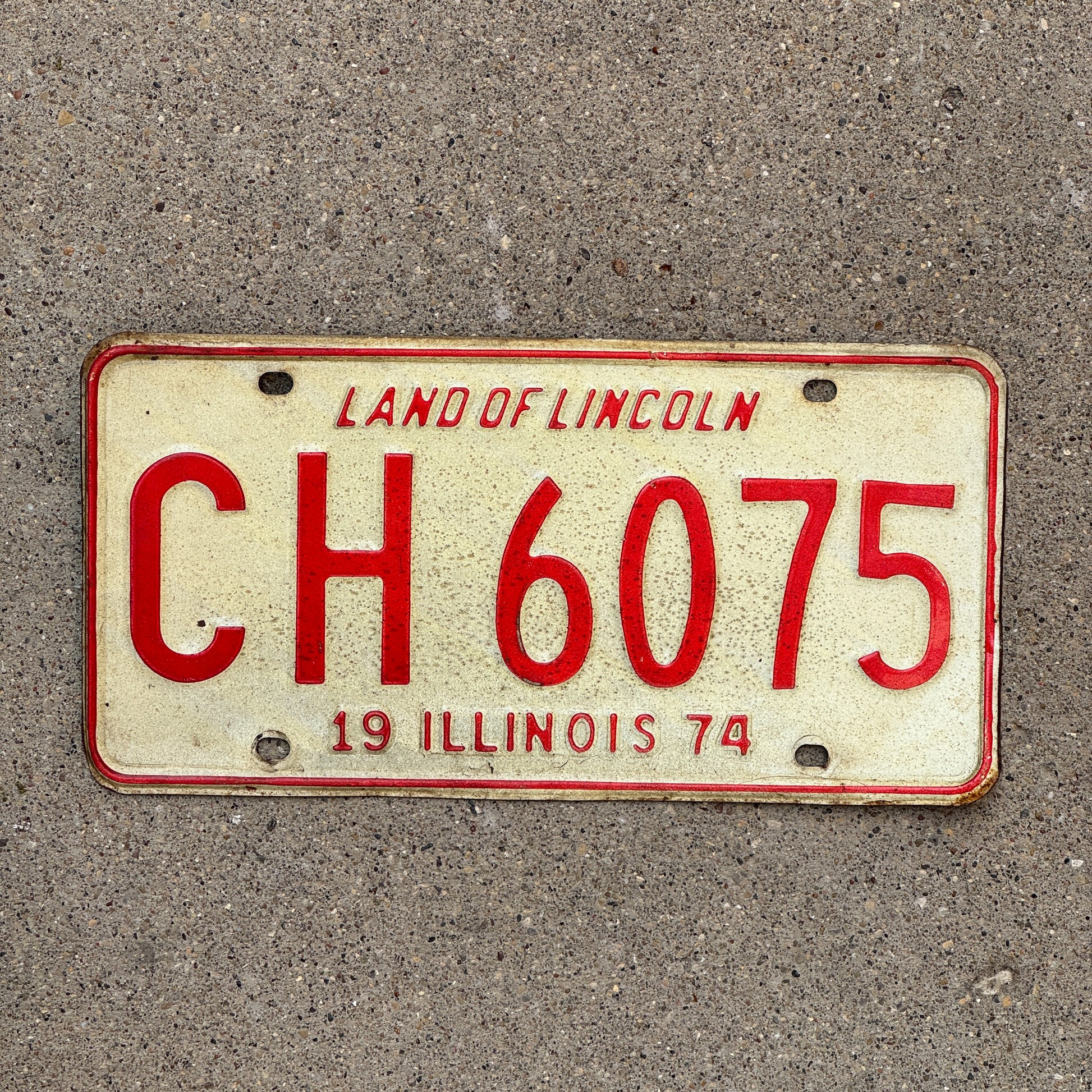 Photo of a 1974 Illinois License Plate Auto Tag 2 Vintage Garage CH 6075 with original patina