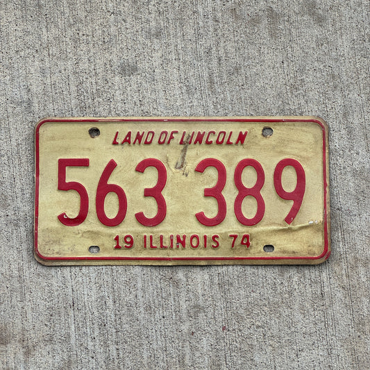 Photo of a 1974 Illinois License Plate Auto Tag Garage Decor Vintage 563 389 with original patina