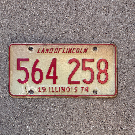 Photo of a 1974 Illinois License Plate Auto Tag Garage Decor Vintage 564 258 with original patina