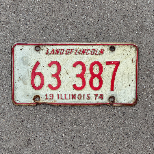 Photo of a 1974 Illinois License Plate Auto Tag Garage Decor Vintage 63 387 with original patina