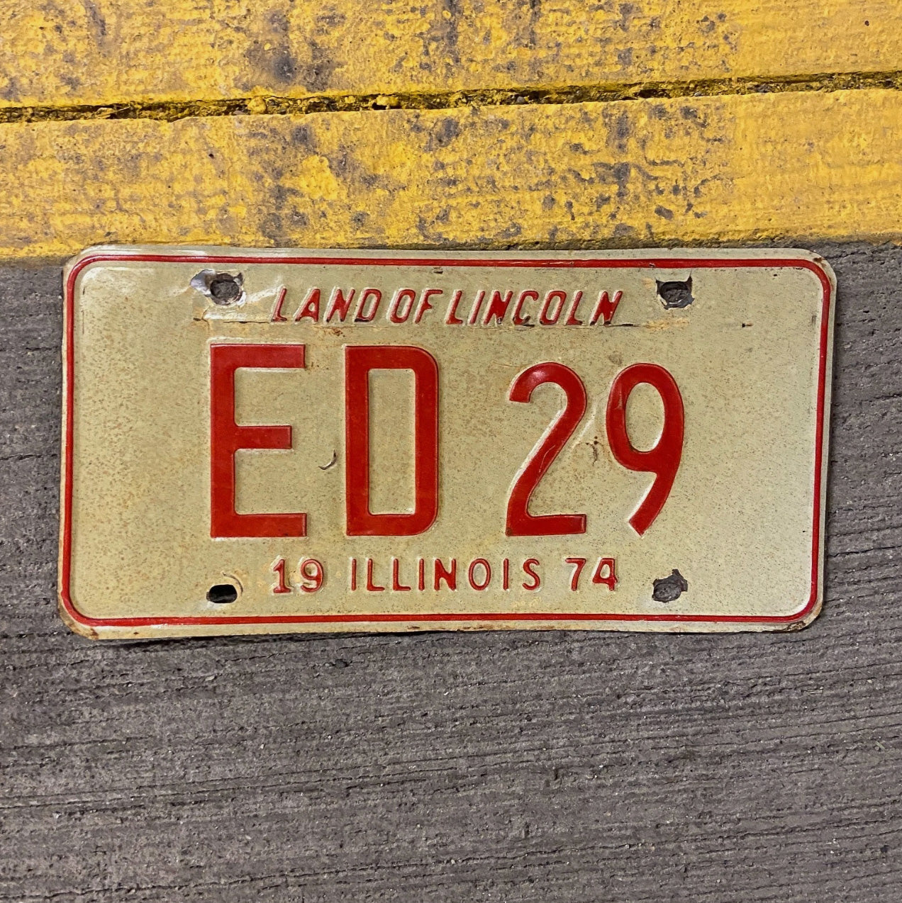 Photo of a 1974 Illinois License Plate Auto Tag Garage Decor Vintage Edward Eddie ED 29 with original patina