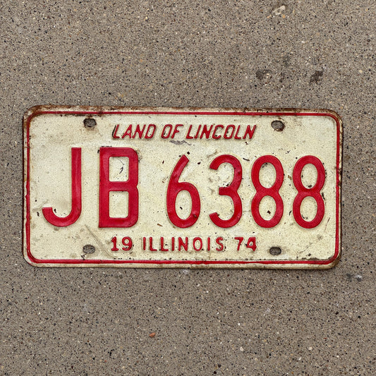 Photo of a 1974 Illinois License Plate Auto Tag Garage Decor Vintage JB 6388 with original patina