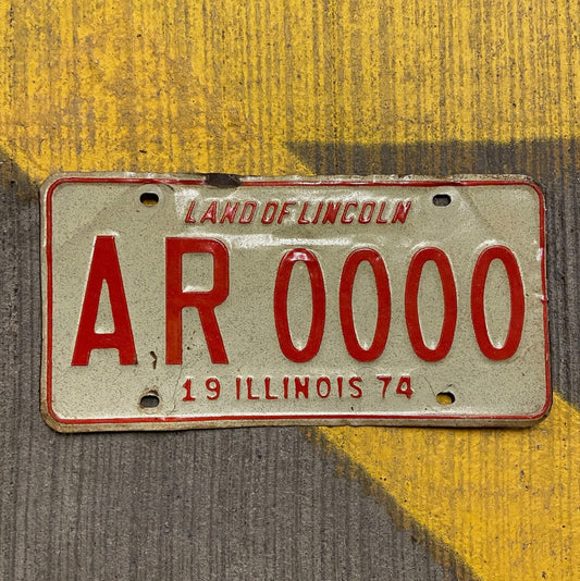 Photo of a 1974 Illinois License Plate Auto Tag Garage Decor Vintage Repeat Repeating AR 0000 with original patina